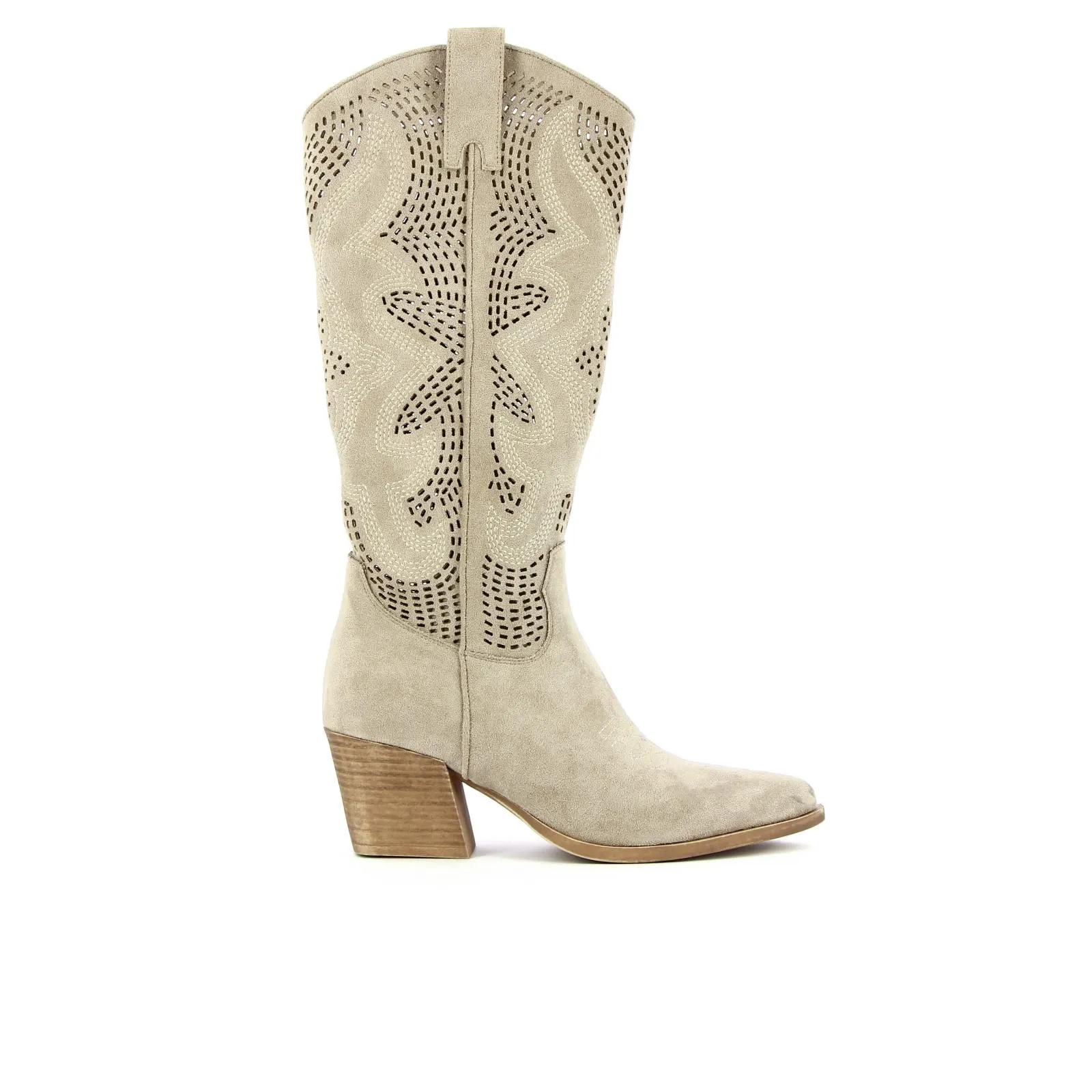 Stivali texani beige con tacco medio largo e gambale traforato