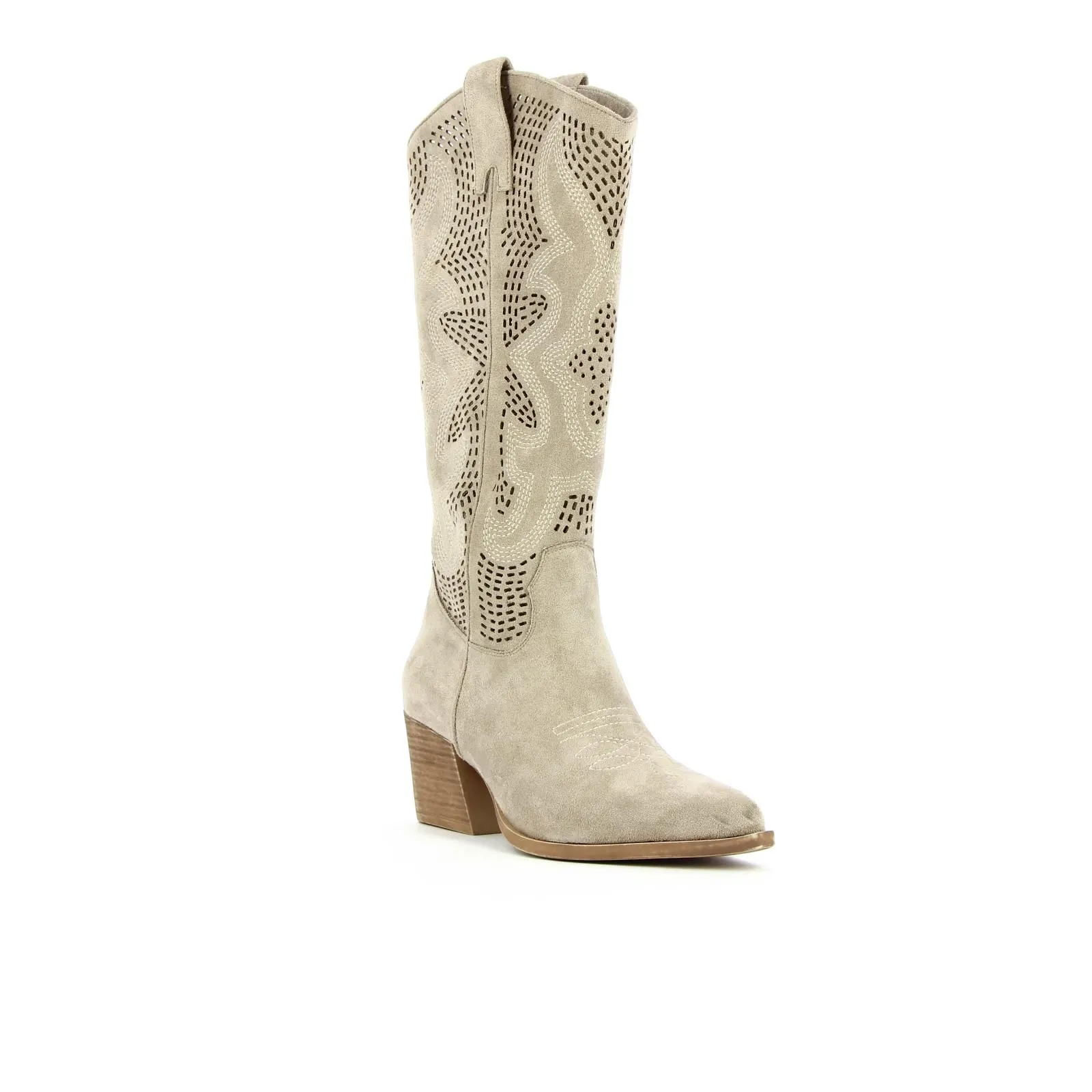Stivali texani beige con tacco medio largo e gambale traforato