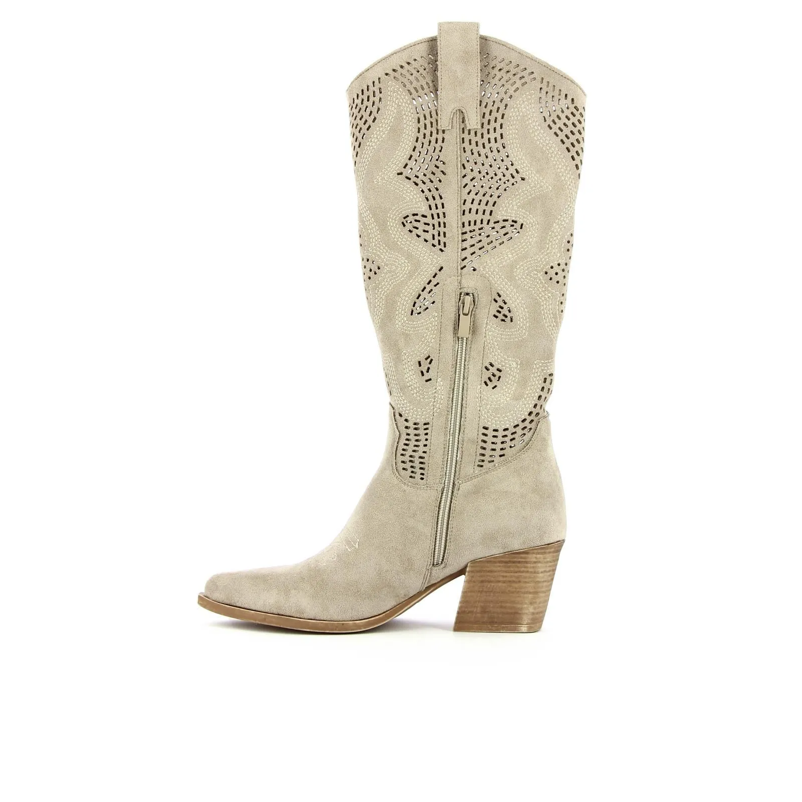 Stivali texani beige con tacco medio largo e gambale traforato